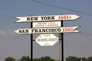 Midway USA marker, equal distance to San Francisco and New York.